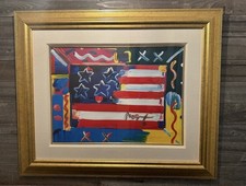 Peter Max 1999 “Flag with Heart ” Mixed Media Artwork original sign w/ COA 30x36 picture
