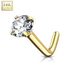 18G 14 Karat Solid Yellow Gold 14K L BEND Prong Set Gem Fishtail Stud Nose Ring picture
