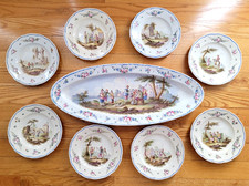 Antique Sarreguemines Faience Lille 1765 Revival 9 pc Set ~ Platter and 8 Plates picture