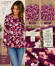 LOFT Outlet Purple Pink Floral Knit Round Neck Peplum Ruffle Top XS picture