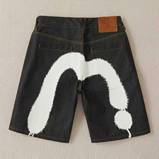EVISU Men’s Black Denim Shorts White Painted Back Logo, Button Fly 5-Pocket picture