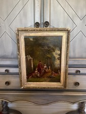 Antique 19thC Oil Painting On Board - Romantic Garden Courting Scene picture