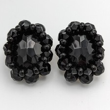 Fazio Black Glass Rhinestone Bead Clip On Earrings 1990s Oval Gold Plated picture