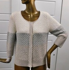St John Ivory Gray Knit Snap Front Sweater Jacket sz L picture
