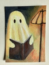 ACEO Original Hand Painted Acrylic Fine Art Miniature | ghost book cozy fall picture
