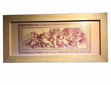 Vintage Framed Religious Cherub & Angel Landscape Print on Paper, Wood Frame picture