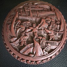 Vintage Chinese Carved Red Cinnabar Lacquer Trinket Box - Figural Scene picture