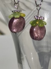 ​Handmade Vintage Glass Plum Purple Fruit Dangle Earrings Upcycled Botanical... picture