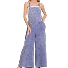 New Zenana Purple Blueberry Whash Wide Leg Overalls Jumpsuit Cotton Gauze Pocket picture