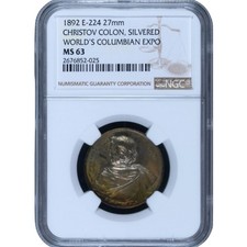 1892 Chicago Columbian Expo, Christov Colon Silvered Medal. Eglit-224. NGC MS 63 picture