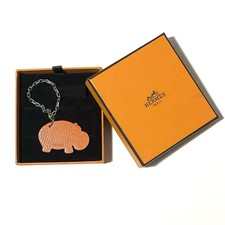Authentic HERMES Hippopotamus Orange Brown Leather Silver Chain Charm With Box picture