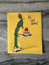 Vintage Norcross Birthday Card Anthropomorphic Green String Been Cake Candle Vtg picture