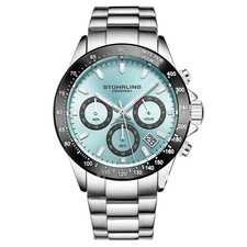 Stuhrling 3960 12 Chronograph Blue Date Stainless Steel Bracelet Mens Watch picture