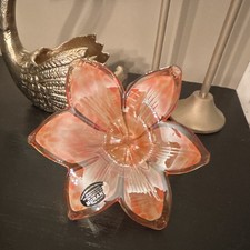 Murano Art Glass Orange/White Flower Sculpture 3D Effect 9 in Clear White Glossy picture