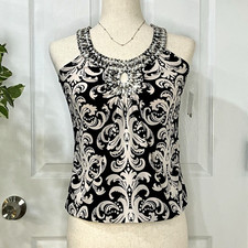 New INC International Concepts Petites PP/S Blk White Damask Beaded Halter Tank picture