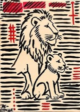 Jae Estelle Original Acrylic 11x14 Red Folk Lion And Cub Painting Signed Canvas picture