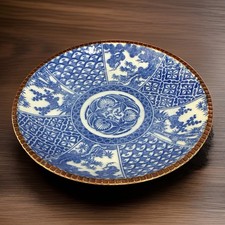 ANTIQUE MEIJI JAPANESE IGEZARA BLUE WHITE BROWN EDGE PLATTER CHARGER 11.5” picture
