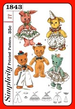 STUFFED Animal Pattern DOG CAT BUNNY w Clothes Toy Simplicity 1843 Vintage 1956 picture