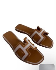 Hermès Women’s Brown White Logo Leather Slide Sandals Flat Slip-On Solid US 8 picture
