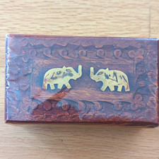 Vtg Indian Hand Carved Wooden Trinket Box Brass Elephant Inlay Darjeeling Tea  picture