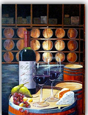 Signed Realism Still Life Wine Bottle Glasses Food Painting on Canvas picture