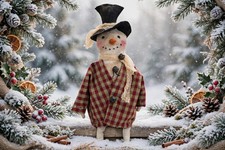 Holiday, primitive doll, handmade 18 in, collectible, Snowman, Dumplinragamuffin picture