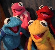 4 KERMIT RARE strange puppets MUPPETS PINK+YELLOW+BLUE+RED HAND CRAFTED RANA toy picture