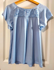Anthropologie Women's Blue Lace Yoke Flutter Short Sleeve Round Neck Blouse picture