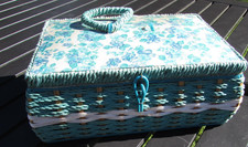 VTG Dritz Sewing Basket Box 1960's Woven Wicker Japan Blue Floral Tufted READ picture