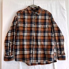 Eddie Bauer Mens Plaid Flannel Button Down Shirt Brown Orange Blue EMT3812S L picture