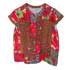 Women's Small Boho Floral Patchwork Print Blouse Colorful Retro Button Front picture