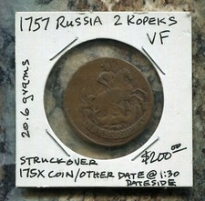 RUSSIA - BEAUTIFUL HISTORICAL ELIZABETH 1757, 2 KOPEKS (OVERSTRUCK), C# 8 picture