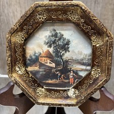 Italian Florentine Gilt Wood Impressionist Print Octagon Frame Farm House 5” picture