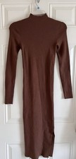 Dress Forum Midi Dress S Ribbed Mock Neck Long Sleeve High Slit Brown Bodycon picture
