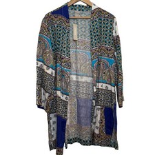 Chico’s 100% Linen Size 2 Large Paisley Patchwork Open Front Lightweight Jacket picture