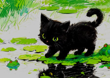 ACEO Mini *Art Print* Black Cat Baby Kitten Water Pond & Green Frogs by Saulite picture