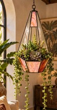 Vintage 1970s Stained Slag Glass Hanging Terrarium Planter MCM Boho Decor picture