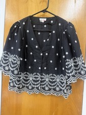 Camellia Women's M Black Cotton-Poly V-Neck 3/4 Sleeve Button Floral Blouse picture