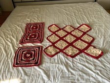 Vintage Hand Crocheted Granny Square Afghan Unfinished Blanket Red White Lot 3 picture