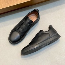 ZEGNA Triple Stitch Black Leather Slip-On Sneakers LHCVN-S8381Z-NEE picture