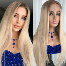 HD Lace Front Wigs Heat Resistant Hair Highlight Blonde Long Straight Layered picture
