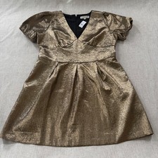 Loft Gold Metallic V-Neck Puff Sleeve Mini Dress Size 16 NWT Holiday Party NYE picture