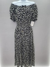 Anthropologie Kindred 2X Black Irregular Polka Dot Split Front Smocked Dress picture