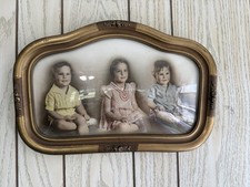 Antique Convex Bubble Glass Wood Picture Frame Family Portrait Photo picture