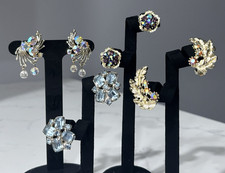 Vintage Rhinestone Earrings Lot Blue Dangle AB Flower Clip On Screw Some Signed picture