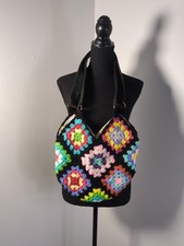 Crochet Granny Square Shoulder Bag, Multicolor, Lined, Leather Handle, Handmade picture