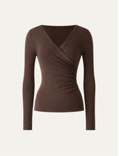 OGL Surplice Top Eco-MiYaMoon Ruched Long Sleeve Umberwood Brown XS NWOT picture
