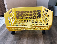 VTG 1970s Yellow/Black Plastic Rolling Basket Rectangle w/ Handles & Wheels picture