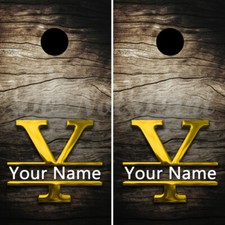 Barn Wood Vinyl Personalized Gold Monogram & Name Cornhole Board Wraps ONLY 2 Pk picture