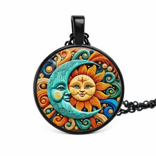 1pc Stunning Round Pendant Necklace - Unique Sun & Moon Pattern, Oil Painting... picture